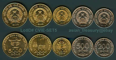 Vietnam 5 Coin 2003 Set Complete 200,500,1000,2000,5000 Dong Unc Uncirculate