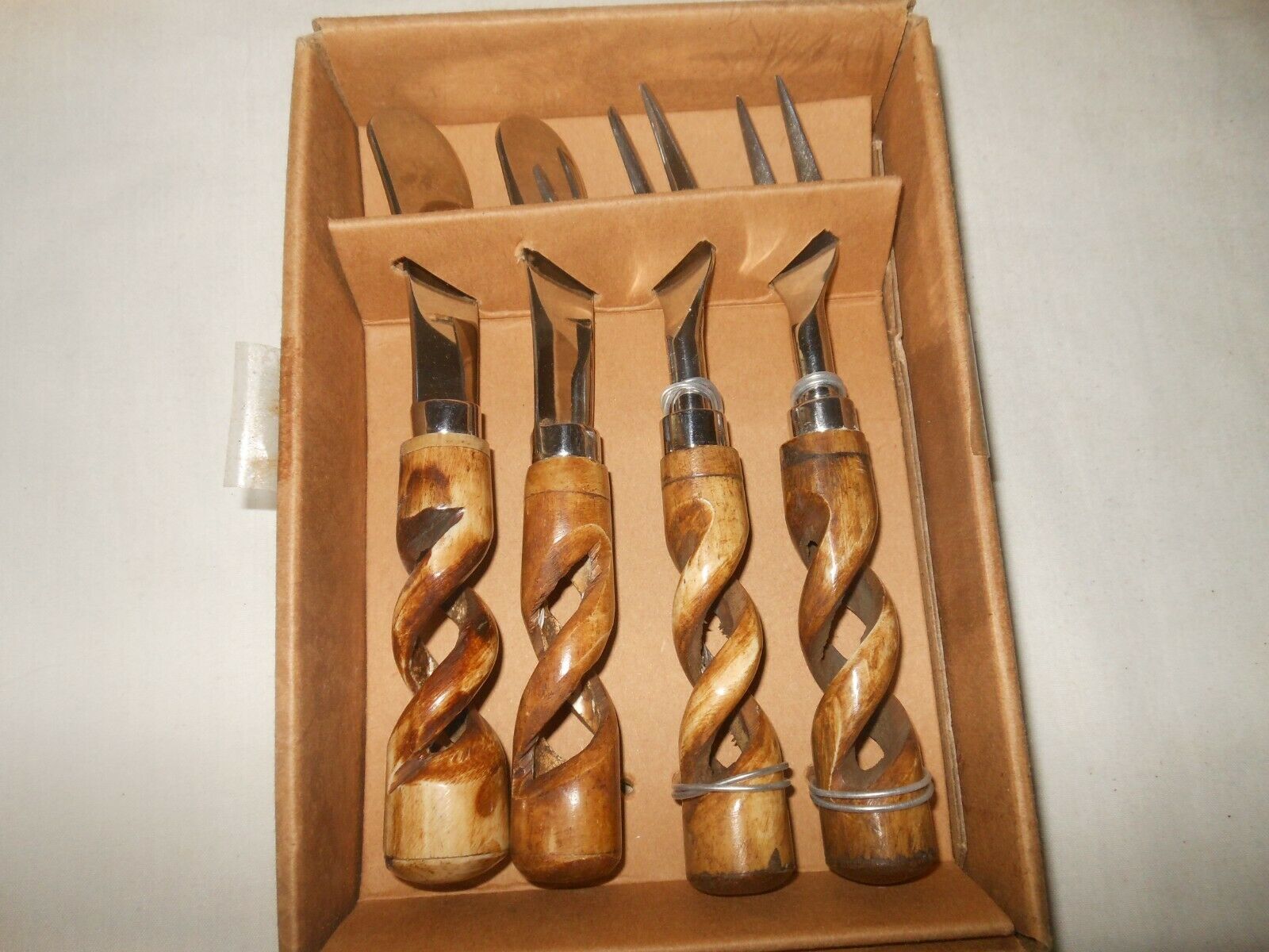 New Pier 1 Imports Swirled Wood Canape Knife/ Appetizer Fork Set: 4 Pc Set